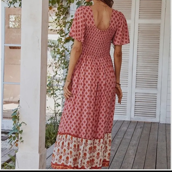 NWT Cotton Printed Square Neck Short Sleeve Maxi Boho Dress - Picture 2 of 2
